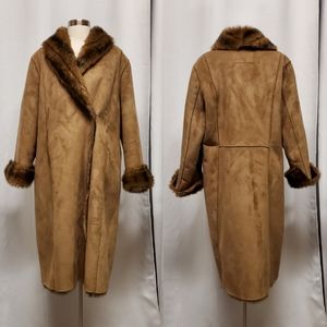 Tribal Faux Suede Faux Fur Collar Plush Penny Lane Style Long Coat Jacket 14